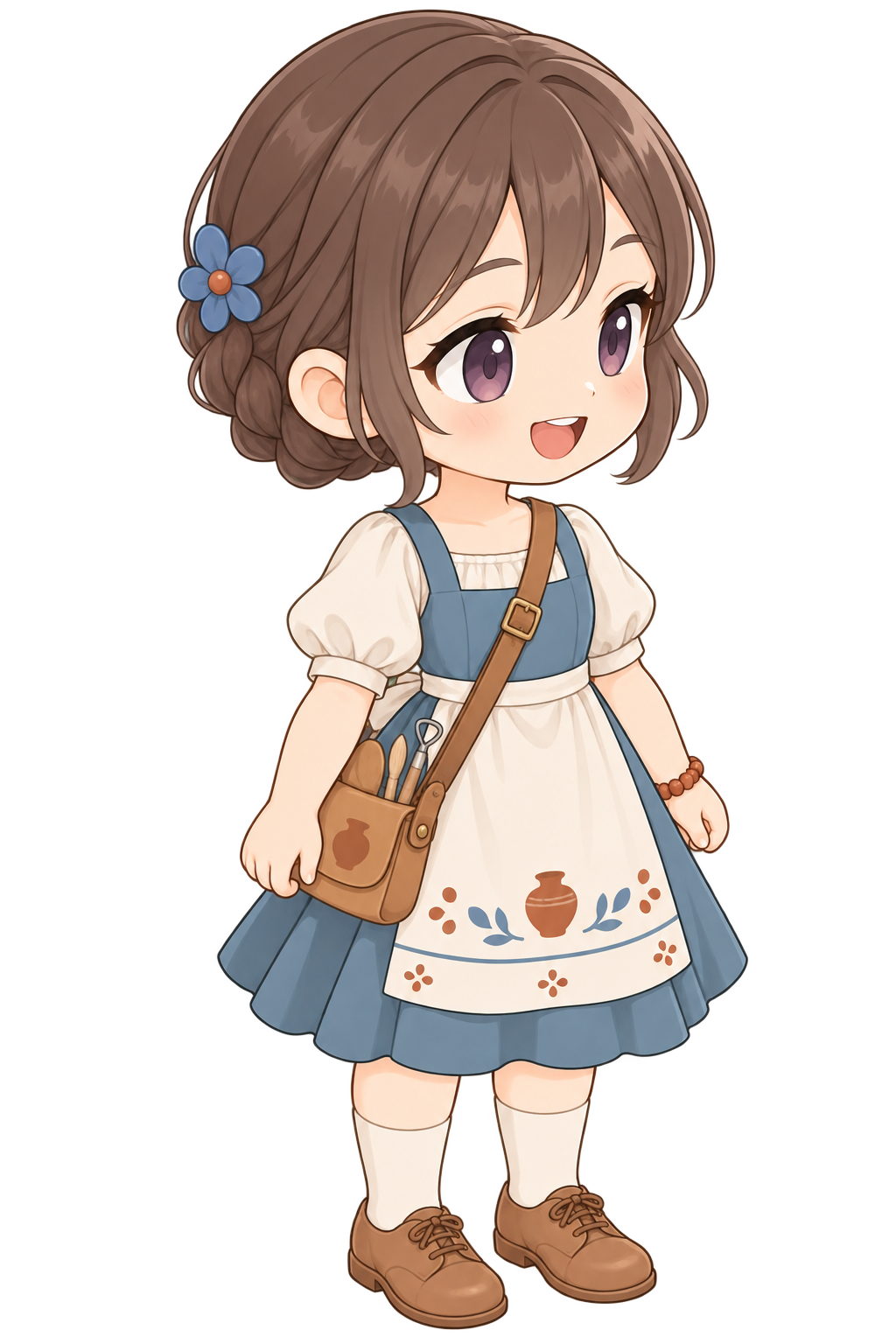 Lumi wearing her blue spring-market dress, floral apron, brown shoes and shoulder bag, from our costume-event design concept.